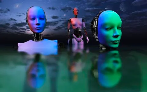Three robots link to form one super mind. Stock Illustration