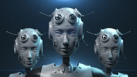 Three robots stand looking at the viewer watching. the concept of technology  Stock-Footage 171823077