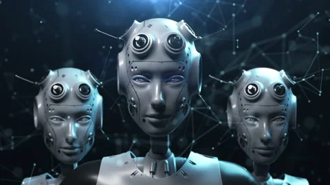 Three robots stand looking at the viewer watching what is happening. random n 스톡 동영상 171823190