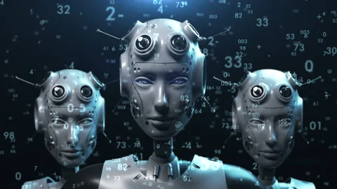 Three robots stand looking at the viewer watching what is happening. random n Stock Footage 171823225