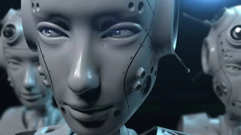 Three robots watching the action. filmed from a wide angle close-up of the co Stock Footage 171823255