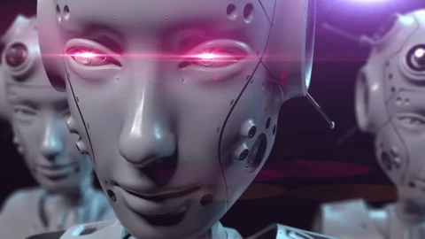 Three robots watching from a wide angle close-up. the eyes glow purple. the c Stock-Footage 171823312