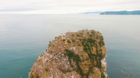 Three rocks in the ocean. Rock in the sea. Birds on the coast of the island in Stock Footage 73525339