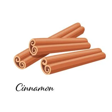 Three rolled sticks of cinnamon. Aromatic spice. Condiment for dishes. Detailed Stock Illustration