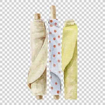 Three rolls of fabric of different colors drawn by hand in watercolor. Stock Illustration
