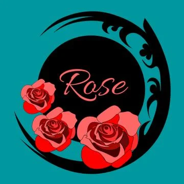 Three roses with black ornate pattern on blue background Stock Illustration