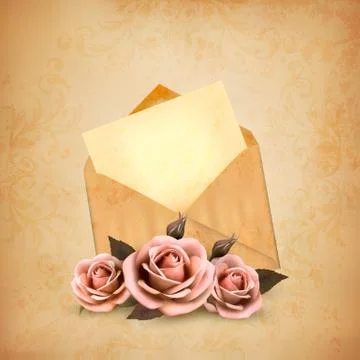 Three roses in front of an old envelope with a letter. love letter concept. v Illustrazione stock