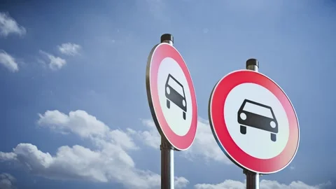 Three rotating no cars allowed traffic signs on poles against blue sky, 3D road Stock-Footage 336318852