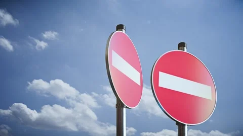 Three rotating no entry signs on poles against sky, modern 3D prohibition Stock Footage 336318572