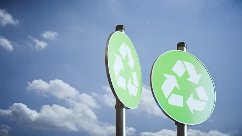 Three rotating recycling signs on poles against sky, modern 3D sustainability Stock Footage 336317857