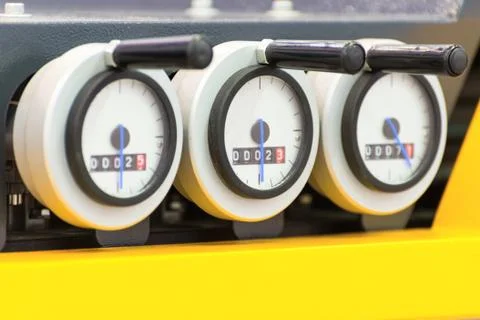 Three round counters with pointer pointers. Measuring instruments Stock Photos