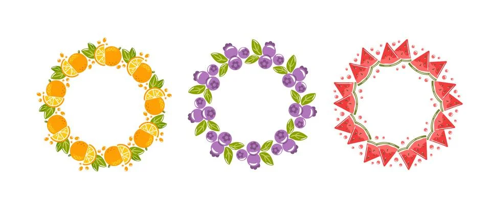 Three round frames creatively designed with vibrant oranges, juicy blueberr.. Illustrazione stock