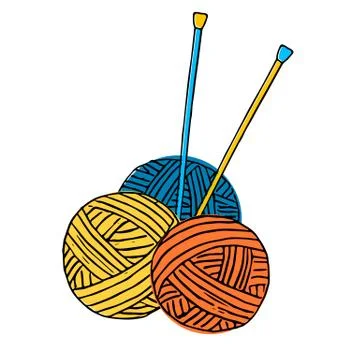 Three round skeins of woolen threads and knitting needles. Colorful vector il Stock Illustration