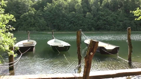 Three rowing boats lay side by side on the shore of a lake Video stock 132361459