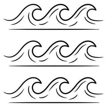 Three rows of black line ocean waves, isolated on a white background, nauti.. Stock Illustration