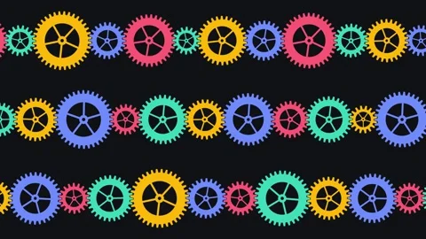 Three rows of colorful interlocking gear symbols organized in a horizontal .. Stock Footage 346981283