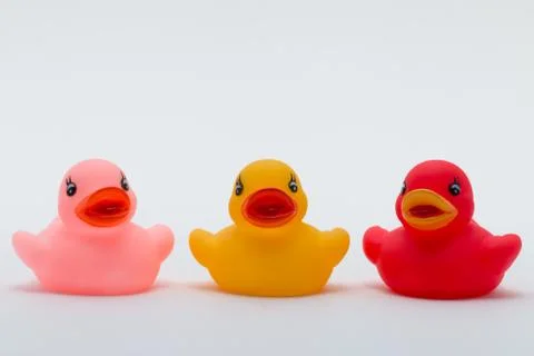 Three rubber ducks in different colors 스톡 사진