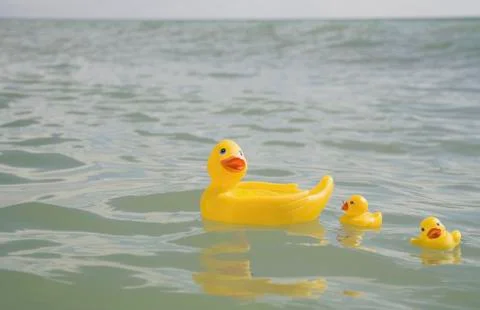 Three rubber ducks floating in sea Foto stock