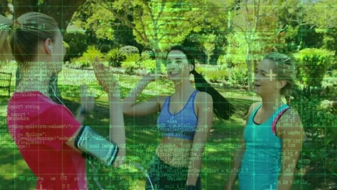 Three runners starting run, slowing, sharing phone and checking watch as green Stock Footage 334182799