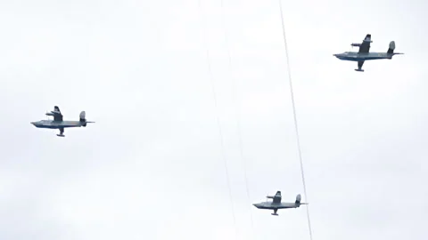 Three Russian amphibious planes Be-12 Mail in the sky Video stock 157725244