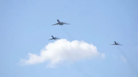Three Russian training planes Tu-134UBL Crusty-B in the sky Stock Footage 157427100