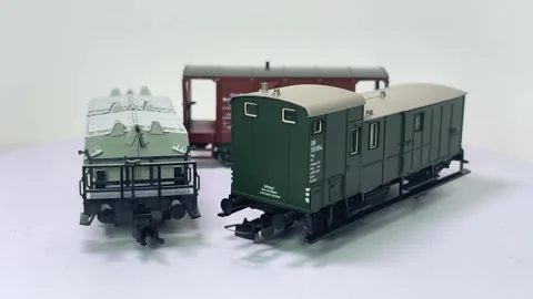 Three Sachsenmodelle HO scale DB freight wagons model railway Video stock 320777843