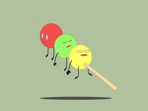 Three Sad Dango on Skewer Resigned Expression Cartoon Character Stock Illustration