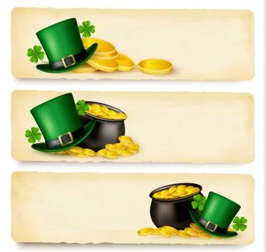 Three saint patrick's day banners with lover leaves, green hat and gold coins Stock Illustration