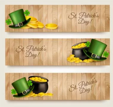 Three Saint Patrick's Day banners with lover leaves, green hat and gold coins Stock Illustration