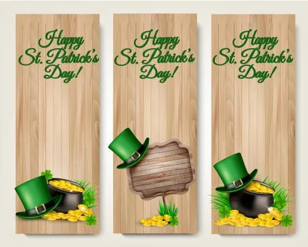 Three Saint Patrick's Day banners with lover leaves, green hat and gold coins Stock Illustration
