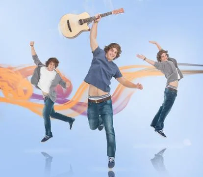 Three of the same young man jumping for joy one holding a guitar Illustrazione stock