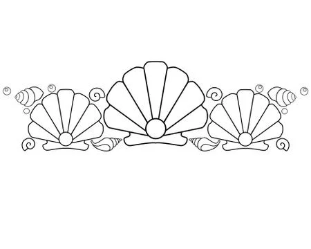 Three scallop shells with pearls and other small shells - vector linear 스톡 일러스트