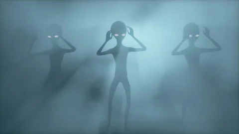 Three scary gray aliens dancing on a dark smoky background. UFO futuristic Stock Footage 273231225