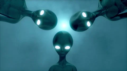 Three scary gray aliens looking down at you and blinking against the dark foggy 스톡 동영상 272755777