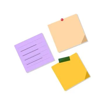 Three scattered sticky notes in yellow, beige, and purple with tape and pin Stock Illustration