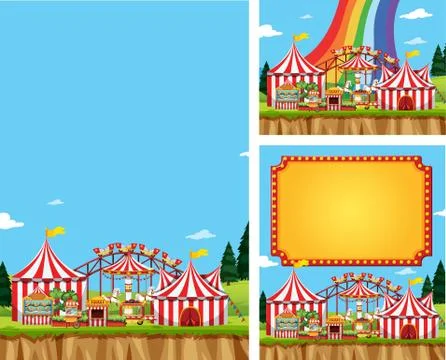 Three scene of circus with many rides Illustrazione stock
