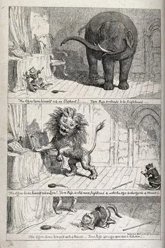 Three scenes from the adventures of Tom Puss. Reproduction of an etching by.. Stock Illustration