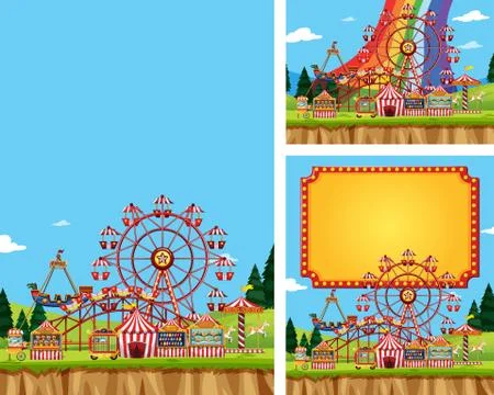 Three scenes of circus with many rides Illustrazione stock