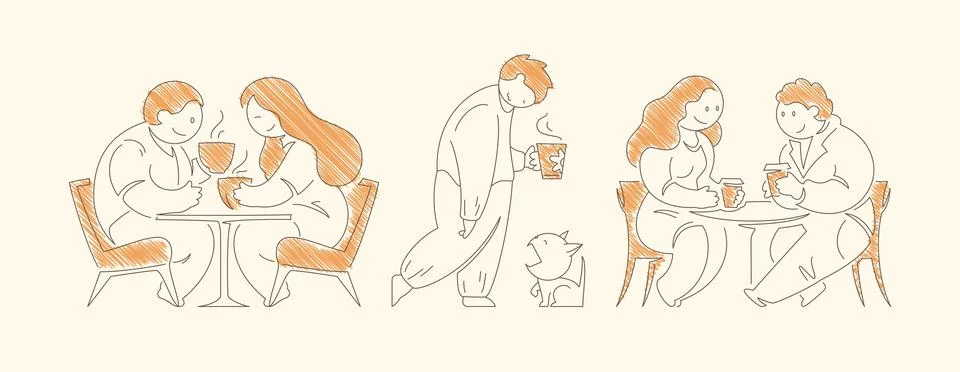 Three scenes featuring a couple drinking coffee together at table person pour Ilustração Stock