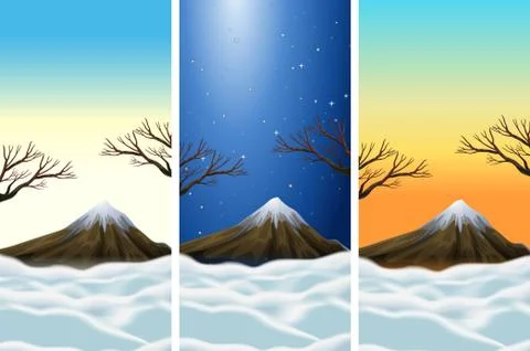 Three scenes of moutains with snowtop Stock Illustration