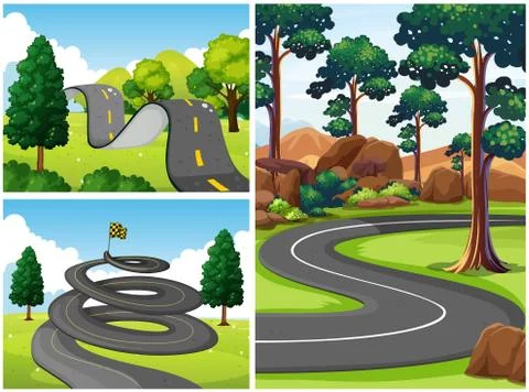 Three scenes with roads in the park Stock Illustration