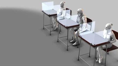 Three school desks with plexiglass dividers - students Dx Stock Illustration