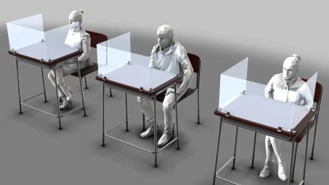 Three school desks with plexiglass dividers - students Illustrazione stock