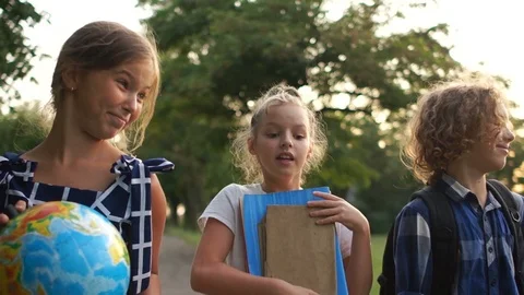 Three school friends go to school, happy children have fun talking to each other Stock Footage 114053882