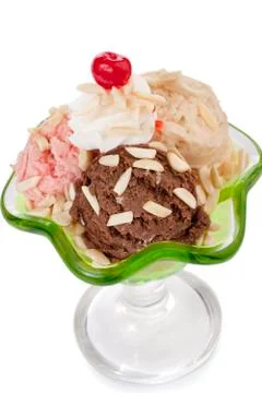 Three scoops of ice cream with cherry toppings Stock Photos