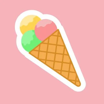 Three scoops of ice cream in a waffle cone sticker icon, flat design Stock Illustration
