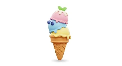 Three scoops of ice cream in waffle cone with berries and mint leaves 3d re.. Stock Illustration