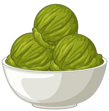 Three Scoops of Matcha Green Tea Ice Cream in White Bowl Stock Illustration