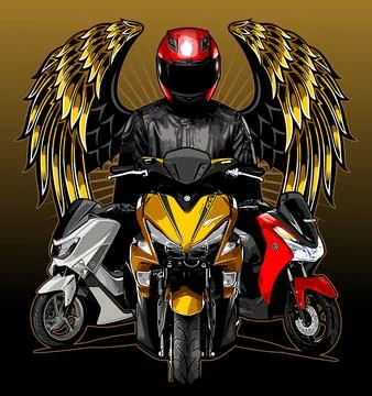 Three scooters with a biker background Stock Illustration