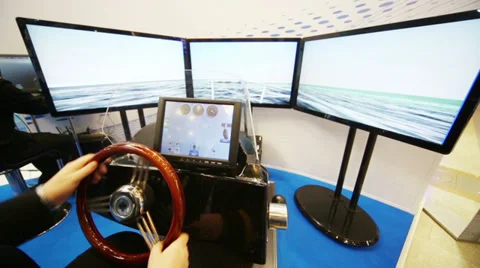 Three screens of boat simulator at VI International Exhibition Stock Footage 38177424
